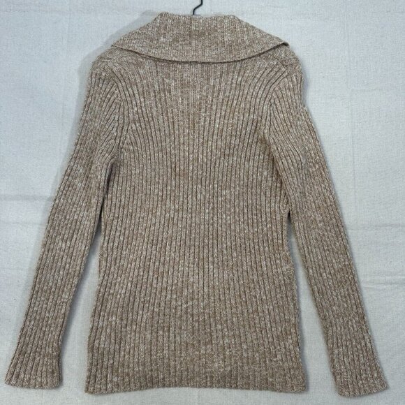 Izod Heather Tan Textured Geometric Print Knit Cardigan Sweater Shawl Collar M - Picture 2 of 13